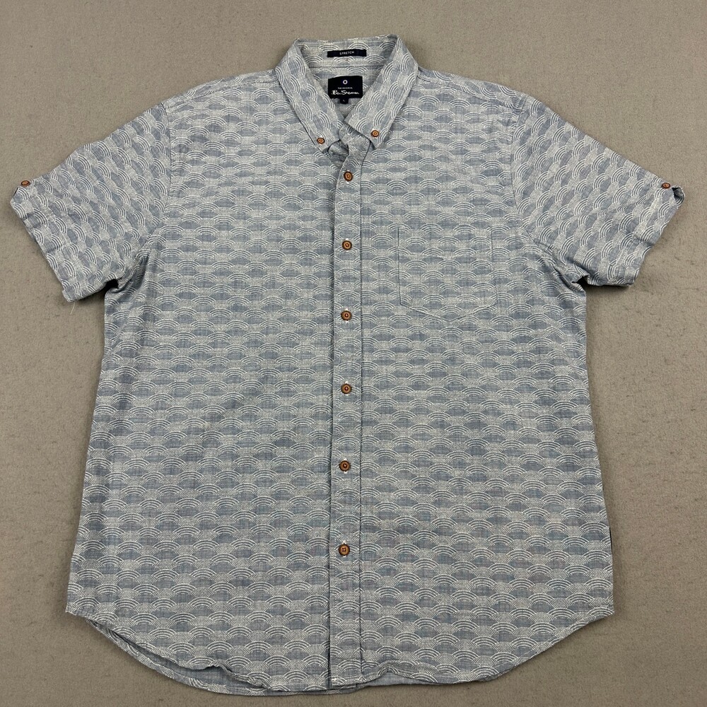 Ben Sherman Shirt Men Large Blue Geometric Scale Print Short Sleeve Cotton L